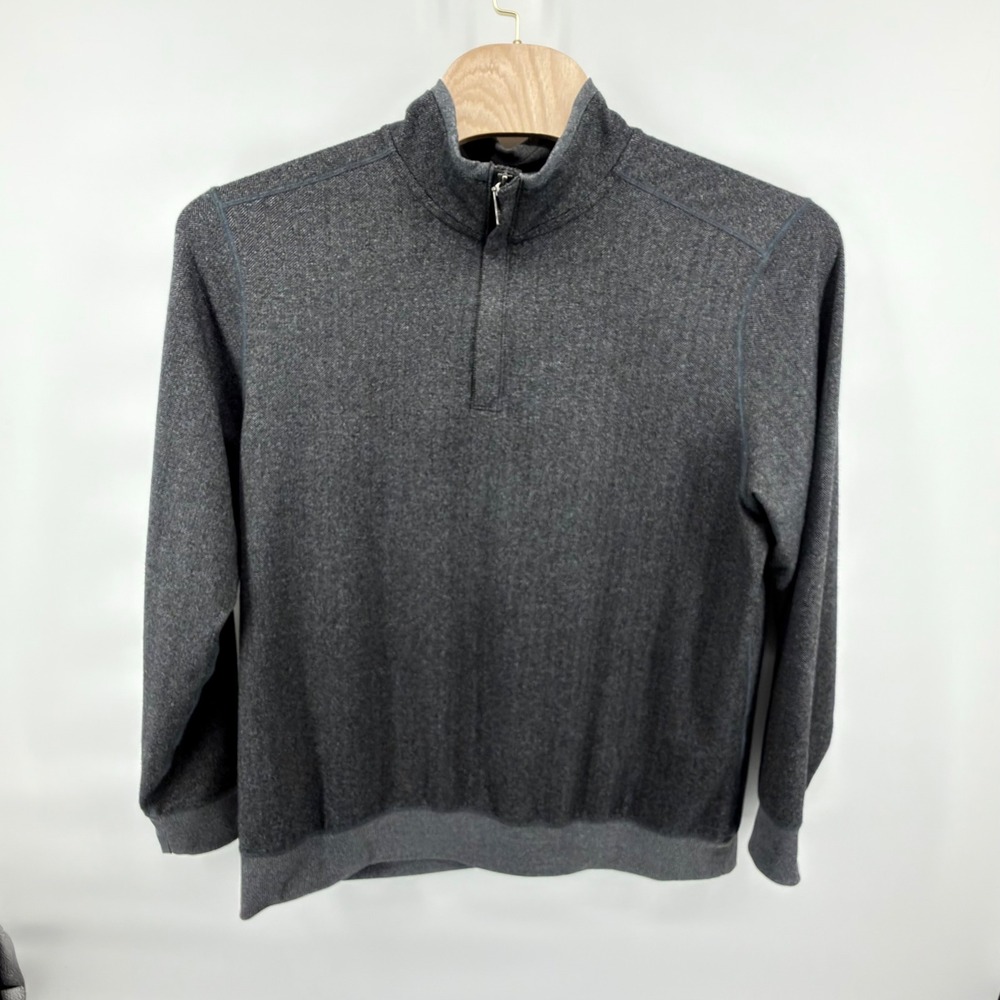 Tommy Bahama Mens XL 1/4 Zip Pullover Sweater Gray Herringbone Stretch Mock Neck